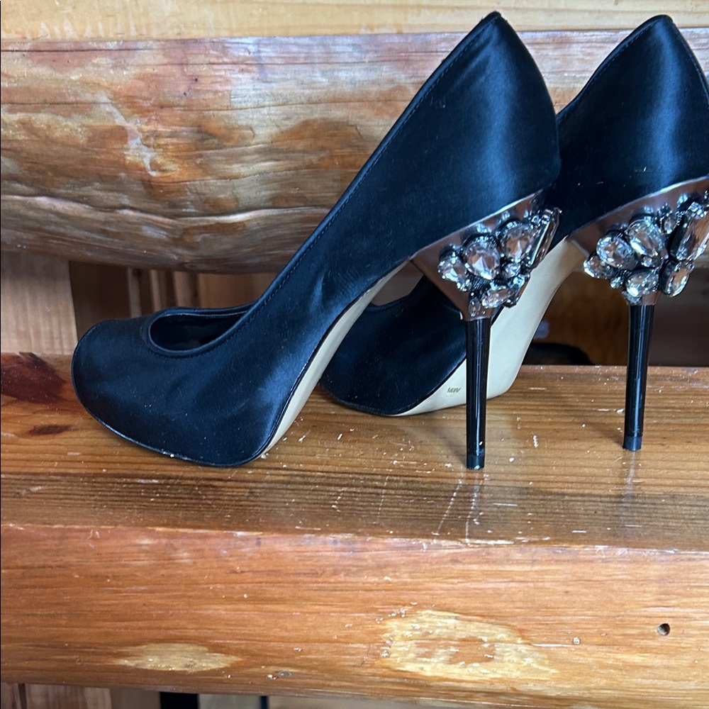 BCBGMaxAzria Black Satin Heels with Crystal Embellishments